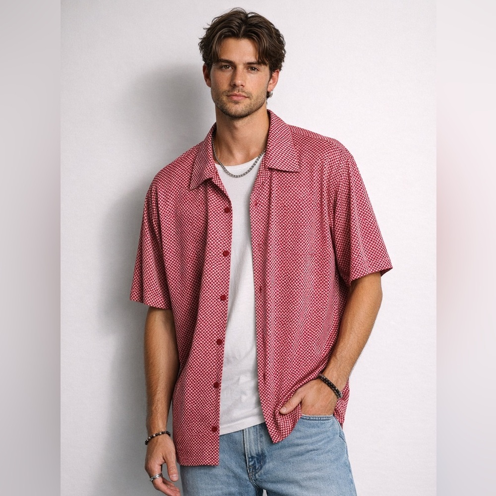 90s Y2K Red Pattern Button Down Shirt Relaxed Fit Large